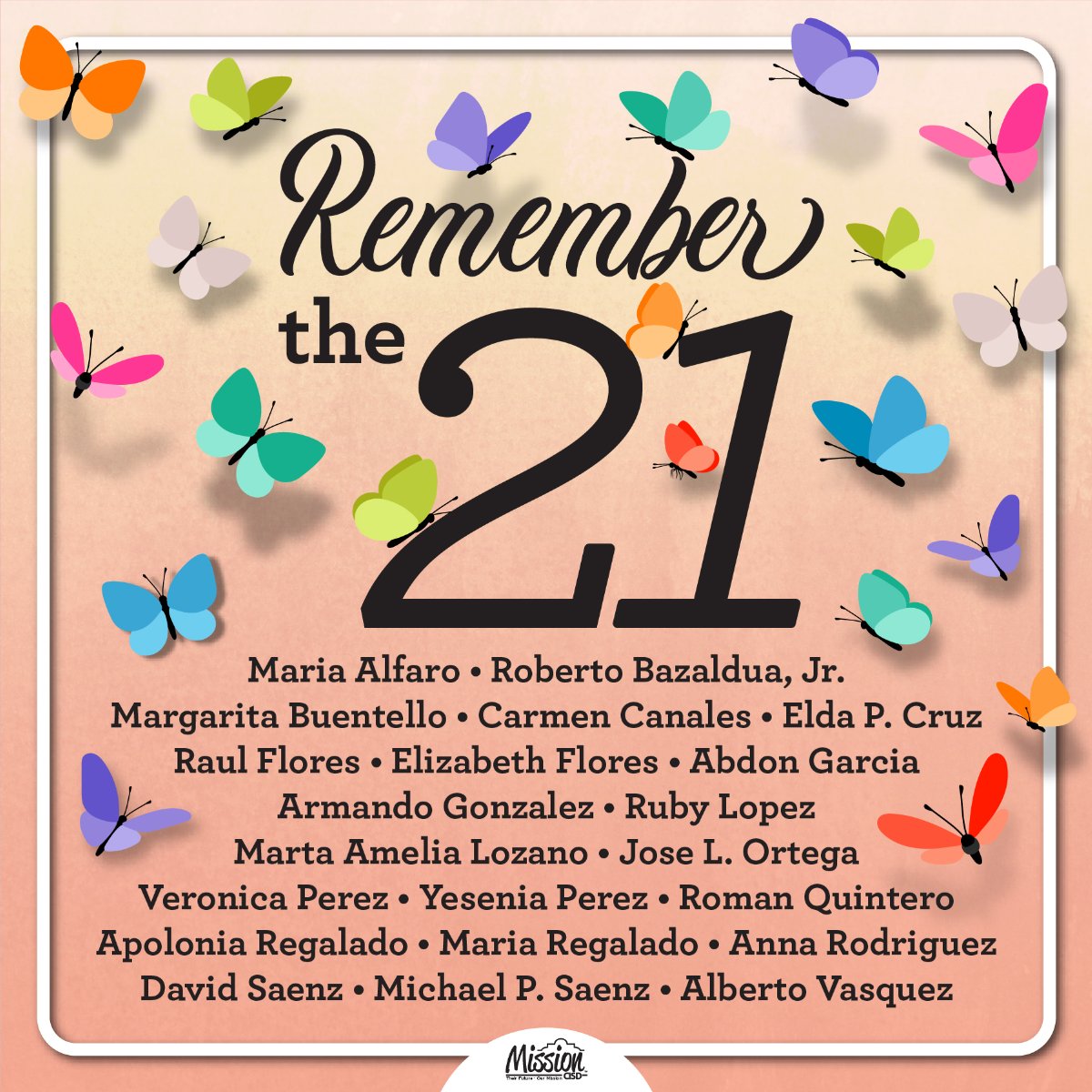 Mission CISD memorial graphic titled "Remember the 21" decorated with colorful butterflies. It lists 21 names: Maria Alfaro, Roberto Bazaldua, Jr., Margarita Buentello, Carmen Canales, Elda P. Cruz, Raul Flores, Elizabeth Flores, Abdon Garcia, Armando Gonzalez, Ruby Lopez, Marta Amelia Lozano, Jose L. Ortega, Veronica Perez, Yesenia Perez, Roman Quintero, Apolonia Regalado, Maria Regalado, Anna Rodriguez, David Saenz, Michael P. Saenz, and Alberto Vasquez.